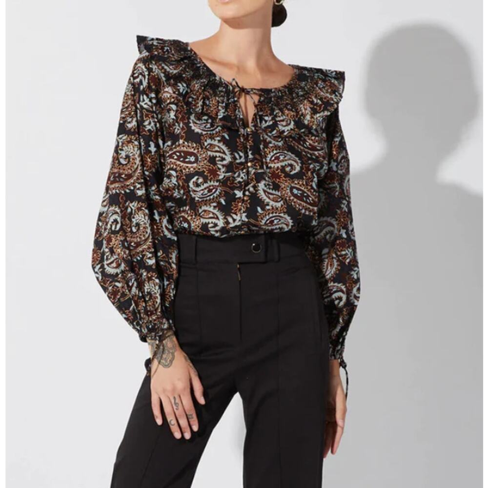 Cleobella Womens Top Jillian Blouse Button Up Ruffle Avalon Block Brown Size XS